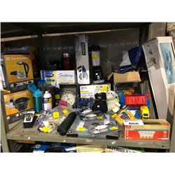 SHELF INCLUDING DR. SCHOLL'S FOOT WARMER, PORT-A-VAC, FITNESS BALL, EVERLAST GLOVES, AND MORE