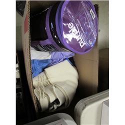 BOX OF ASSORTED MENS CLOTHING & PURPLE PILLOW