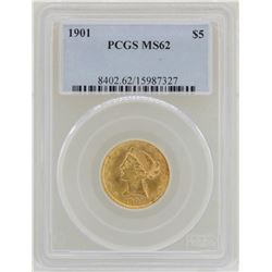 1901 $5 Liberty Head Half Eagle Gold Coin PCGS MS62