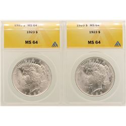 Lot of (2) 1923 $1 Peace Silver Dollar Coins ANACS MS64