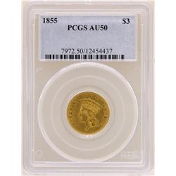 1855 $3 Indian Princess Head Gold Coin PCGS AU50