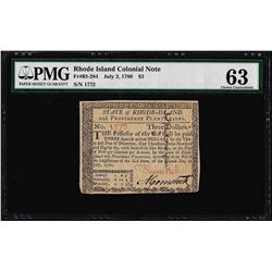 Jul 2, 1780 $3 Rhode Island Colonial Currency Note PMG Choice Uncirculated 63
