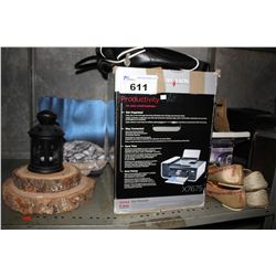 SHELF LOT INCLUDING LEXMARK PRINTER,, BLACK LIGHT, ROOTS BAG, SHOES, LAMP, DECOR AND MORE
