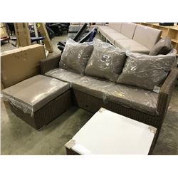 LIGHT BROWN 3 SEAT PATIO SET INCLUDING OTTOMAN AND GLASS TOP TABLE