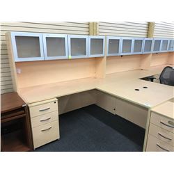 MAPLE 6X6' L-SHAPE COMPUTER DESK COMES WITH FROSTED GLASS FRONT OVERHEAD HUTCH AND 3 DRAWER MOBILE