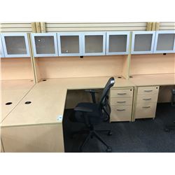 MAPLE 6X6' L-SHAPE COMPUTER DESK COMES WITH FROSTED GLASS FRONT OVERHEAD HUTCH AND 3 DRAWER MOBILE