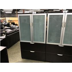 DARKWOOD 6' 2 DRAWER LATERAL FILE CABINET COMES WITH FORSTED GLASS DOOR AND OVERHEAD STORAGE