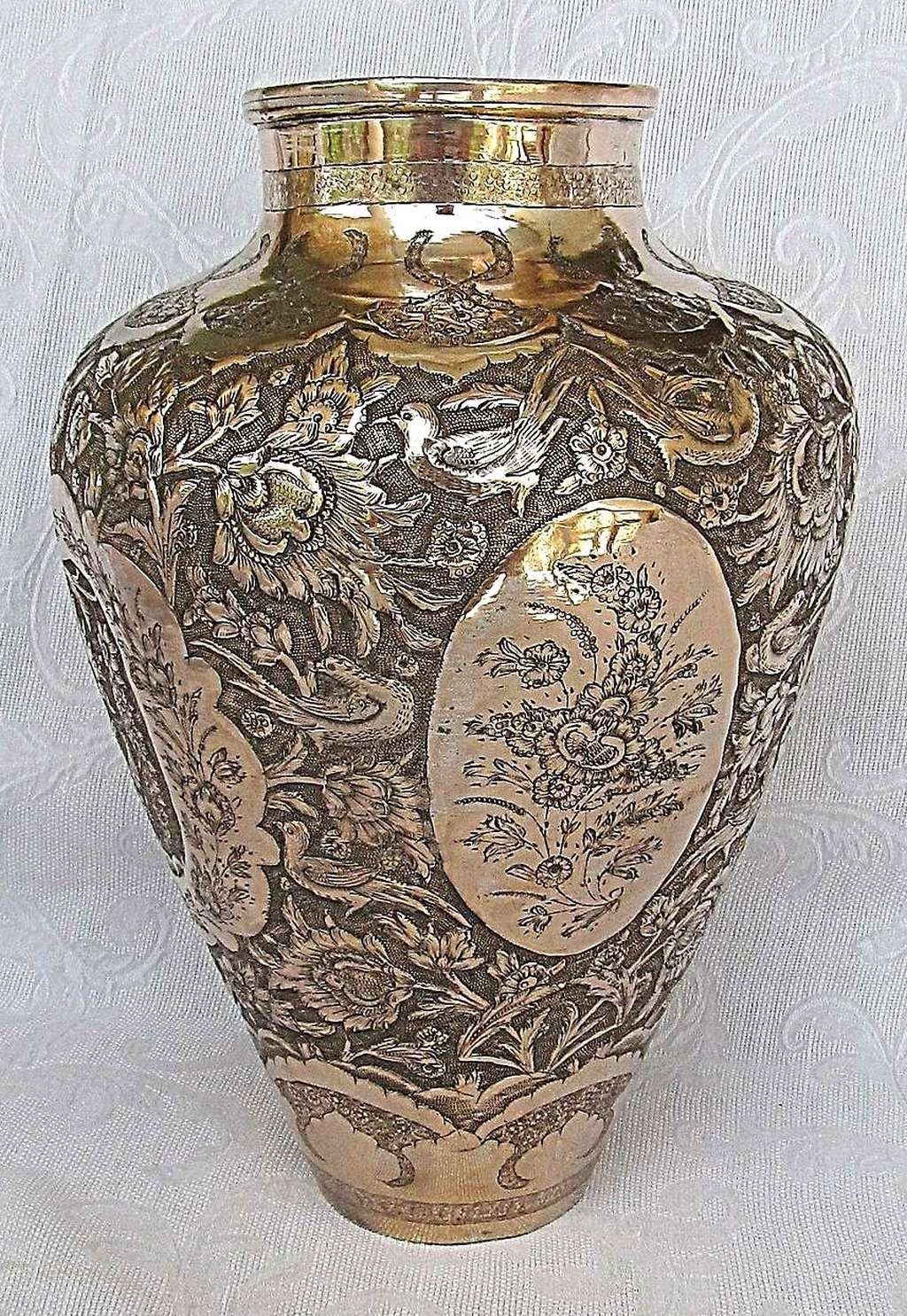 Persian Isfahan Antique Brass Vase 19th Cen Engraving