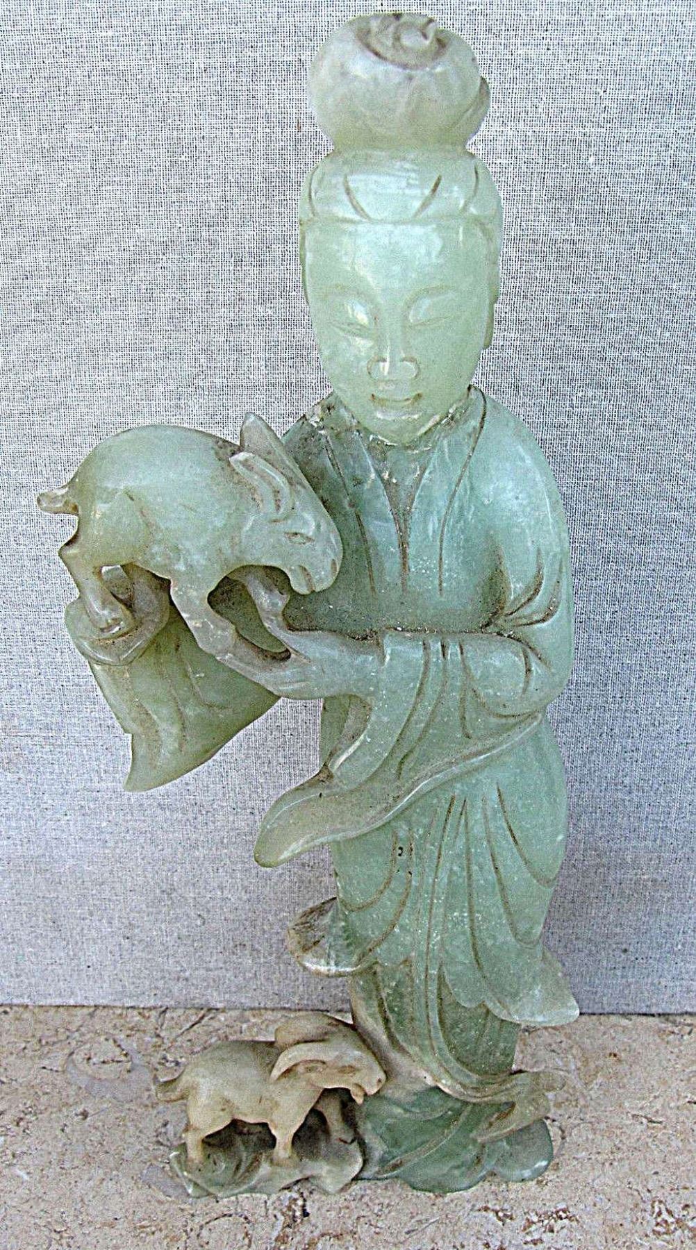 China Antique carved Jade Figurine Woman with Sheeps