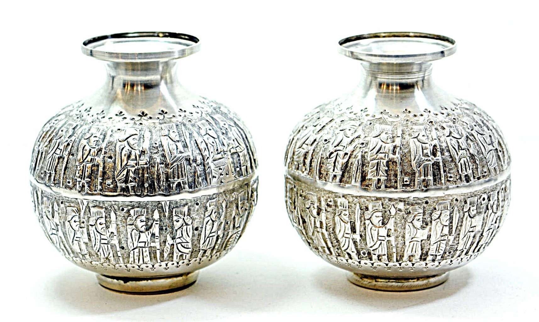 Persian Parvaresh Antique Silver 84 Pair Of Vases Epic Scenes