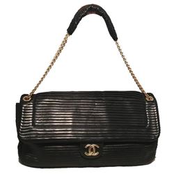 Chanel Black Pleated Leather Classic Flap Shoulder Bag