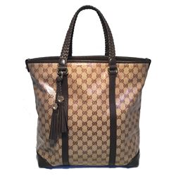 Gucci Coated Monogram and Brown Braided Leather Trim Tassel Tote