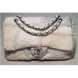 Chanel White Wool and Fur Patchwork Classic Flap Shoulder Bag