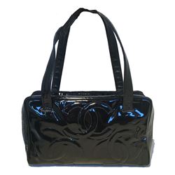 Chanel Black Patent Leather Quilted CC Logo Handbag