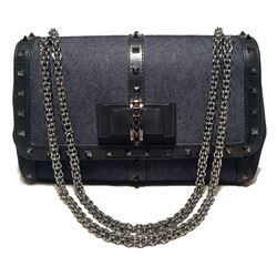 Christian Louboutin Blue Jean Denim and Black Studded Leather Shoulder Bag