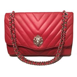 Chanel Red Chevron Quilted Lions Head Classic Flap Shoulder Bag