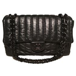 RARE Chanel Black Shimmery Leather Striped Quilted Jumbo Classic Flap