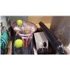 Image 2 : TRAY OF ELECTRONICS AND TENNIS RACKETS AND BALLS