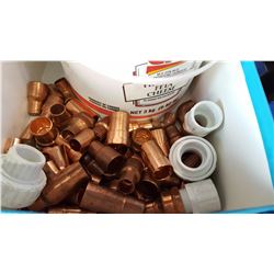 LOT OF COPPER AND PVC CONNECTIONS AND PVC CUTTERS