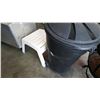 Image 1 : RUBBERMAID STRONG BOX GARBAGE CAN, 2 PATIO STOOLS, AND CUSHIONS