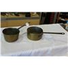 Image 1 : TWO ANTIQUE 7 1/2 INCH BRASS SAUCE PANS WITH FORGED HANDLES