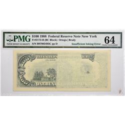 Fr. 2172-B. 1988 $100 Federal Reserve Note. New York. PMG Choice Uncirculated 64. Insufficient Inkin