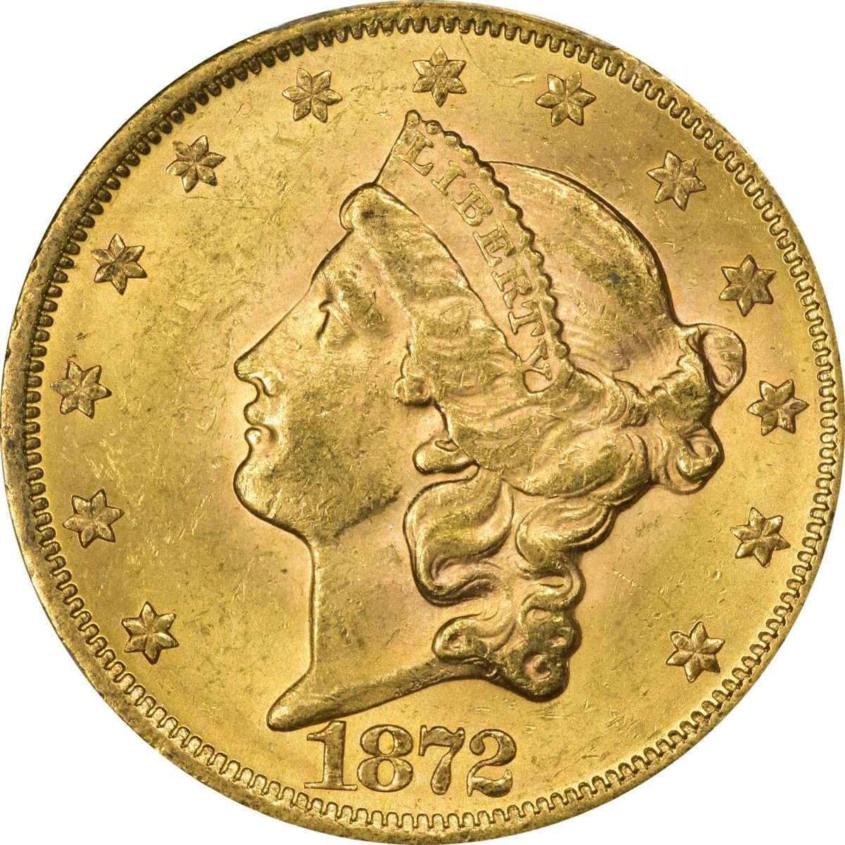 Mint State 1872 Double Eagle. 1872 Gold 20. MS62 PCGS. CAC. Kagin's