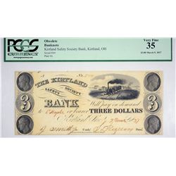 Second Finest Certified $3 Kirtland Banknote. 1837 $3 Kirtland Safety Society Bank. Kirtland, OH. Ny