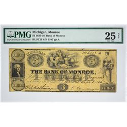 One of a Few Known $3 Monroe Notes Signed by Cowdery. $3 The Bank of Monroe, Monroe, MI. Oliver Cowd