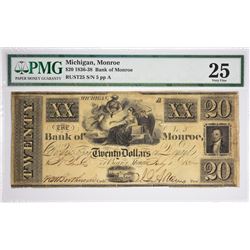 $20 The Bank of Monroe. Monroe, MI. Nyholm 42. Rust 25. PMG Very Fine 25. S/N 25.