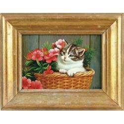 LEON CHARLES HUBER (French, 1858-1928) KITTEN WITH RED FLOWERS.