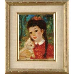 AUGUSTE JULES MARIE LEROUX (French, 1871-1954) “GIRL WITH KITTEN”.