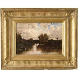 EUGENE CICERI (American/French, 1813-1890) CANAL LANDSCAPE WITH FIGURES AND BRIDGE.