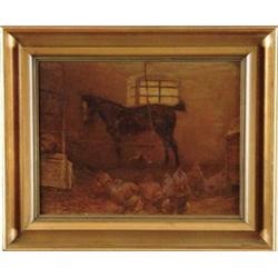 FERDINAND SCHEBEK (Austrian, 1875-1949) BARN SCENE WITH HORSE AND CHICKENS.