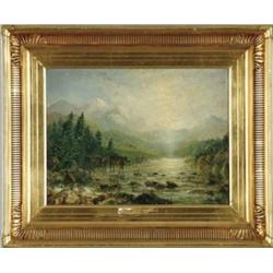 WILLIAM ADOLPHUS KNELL (British, 1805-1875) MOUNTAIN AND STREAM LANDSCAPE WITH CATTLE.