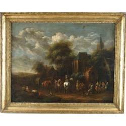 BARENT GAAL (BAREND GAEL) (Dutch, 1635-1681) VILLAGE SCENE WITH PEOPLE, HORSES AND DOGS.