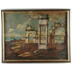 MANOR OF MICHELE MARIESCHI (Italian, 1696-1743) “A. CAPRICHIO WITH FIGURES BEFORE COASTAL RUINS”.