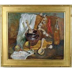 STANISLAV VASILEVICH PETRASHEVSKI (Russian, 1935-) BROWN JUG WITH WOODEN SPOON.