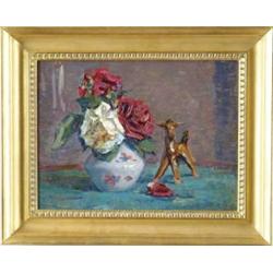 STANISLAV VASILEVICH PETRASHEVSKI (Russian, 1935-) ROSES WITH PORCELAIN FIGURE. 