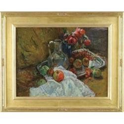 STANISLAV VASILEVICH PETRASHEVSKI (Russian, 1935-) GLASS PITCHER AND SILVER TRAY.