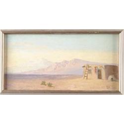 PAZ (Possibly Osvaldo Paz, Uruguay, 20th Century) ADOBE HOUSE IN DESERT LANDSCAPE.