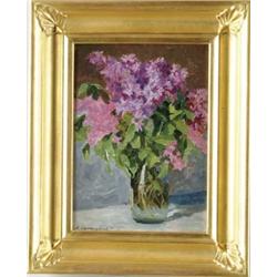 VLADIMIR MIKHAILOVICH SINITSKI (Russian, 1896-1980) LILACS IN GLASS JAR.
