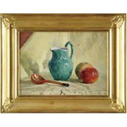 VLADIMIR MIKHAILOVICH SINITSKI (Russian, 1896-1980) STILL LIFE WITH APPLES AND PAINTED SPOON.