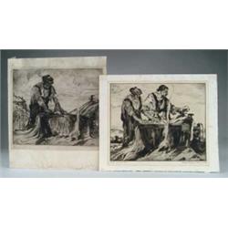 GEORGE PEARSE ENNIS (American, 1884-1936) TWO ETCHINGS: “PREPARING NETS” AND “TARRING NETS”.