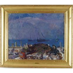 ALICE KENT STODDARD (American, 1885-1976) “LOBSTER BOATS AT NIGHT-MONHEGAN”.