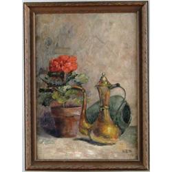 ANNA ELIZA HARDY (American, 1839-1934) STILL LIFE WITH EWER AND GERANIUM.