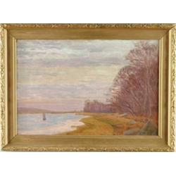 FRANCIS J. FLANAGAN (American, 1897-1927) COLORFUL LANDSCAPE WITH WATER AND BOAT.