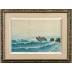 OTIS S WEBER (American, 19th/20th Century) HEAVY SURF WITH DISTANT SAILBOATS.