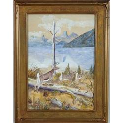 DOROTHEA M. LITZINGER (American, 1889-1925) DEER IN NORTHERN LANDSCAPE.