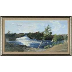 RACKSTRAW DOWNES (American, 1839-) RIVER BEND WITH DAM AND BUILDINGS.